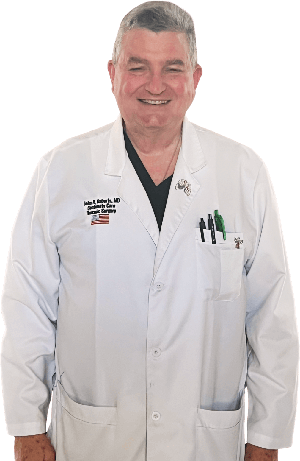 Dr. John R. Roberts, thoracic surgeon, in his white coat
